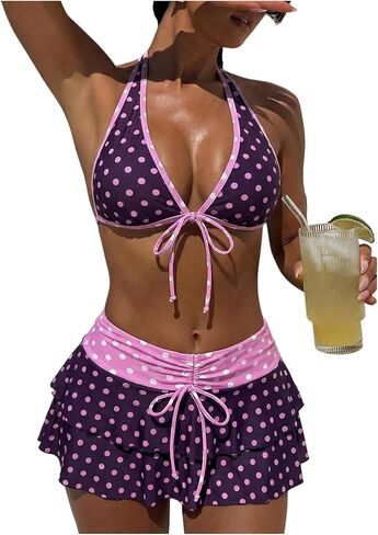OYOANGLE Women's 3 Piece Polka Dots Bikini Sets Bow Triangle Halter Thong Swimsuits with Cover Up Skirt in Kuwait
