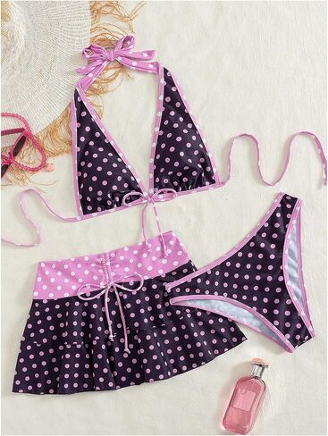 OYOANGLE Women's 3 Piece Polka Dots Bikini Sets Bow Triangle Halter Thong Swimsuits with Cover Up Skirt in Kuwait