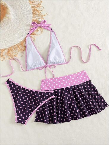 OYOANGLE Women's 3 Piece Polka Dots Bikini Sets Bow Triangle Halter Thong Swimsuits with Cover Up Skirt in Kuwait