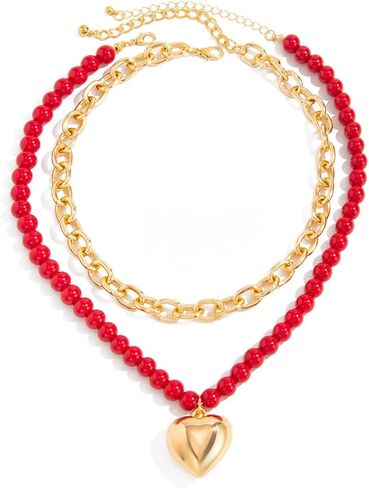Layered Heart Necklace for Women, Red Beaded Necklace with Gold Chunky Chain Double Strand Statement Pendant Necklace Trendy Fashion Jewelry Gift for Party Valentine Daily Wear in Kuwait