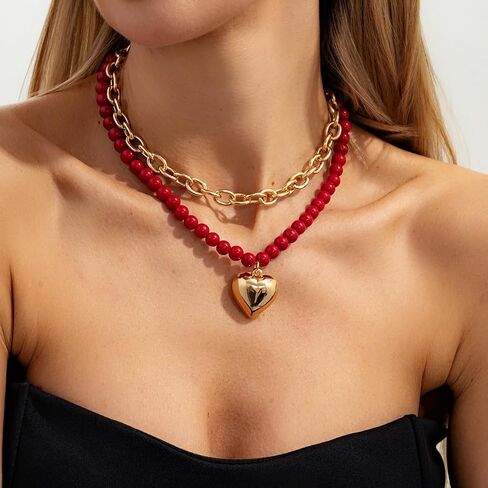 Layered Heart Necklace for Women, Red Beaded Necklace with Gold Chunky Chain Double Strand Statement Pendant Necklace Trendy Fashion Jewelry Gift for Party Valentine Daily Wear in Kuwait