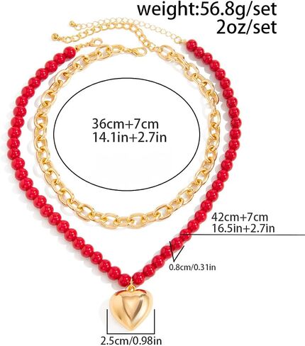 Layered Heart Necklace for Women, Red Beaded Necklace with Gold Chunky Chain Double Strand Statement Pendant Necklace Trendy Fashion Jewelry Gift for Party Valentine Daily Wear in Kuwait