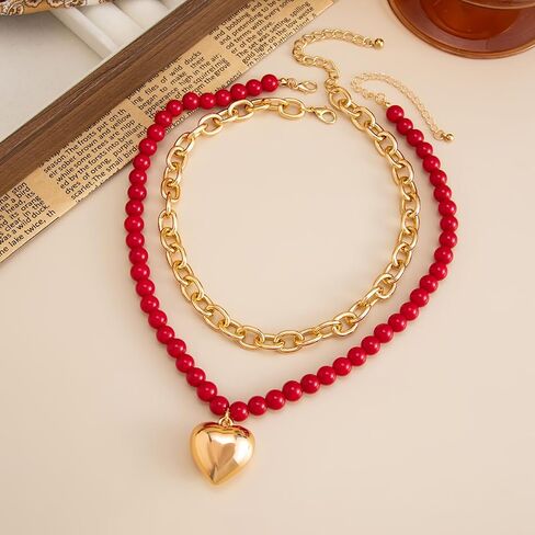 Layered Heart Necklace for Women, Red Beaded Necklace with Gold Chunky Chain Double Strand Statement Pendant Necklace Trendy Fashion Jewelry Gift for Party Valentine Daily Wear in Kuwait