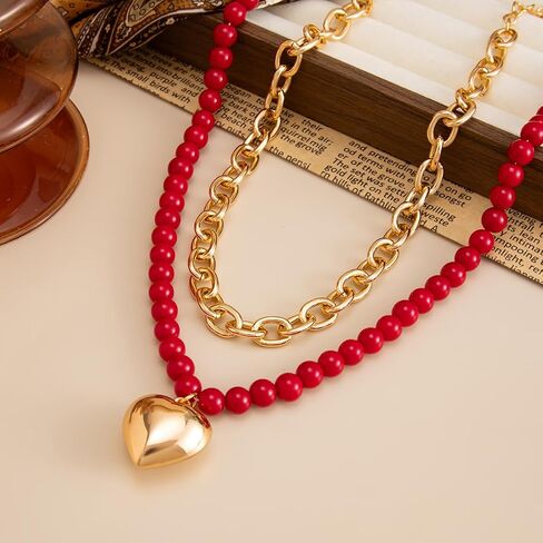 Layered Heart Necklace for Women, Red Beaded Necklace with Gold Chunky Chain Double Strand Statement Pendant Necklace Trendy Fashion Jewelry Gift for Party Valentine Daily Wear in Kuwait
