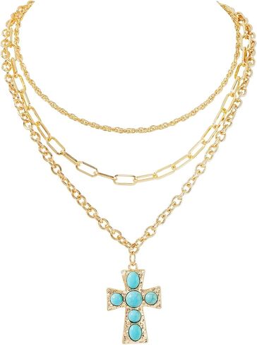 Layered Gold Cross Necklace for Women Chunky Chain Gold Jewelry Statement Pendant Necklaces with Vintage Stone Jewelry Gifts in Saudi Arabia