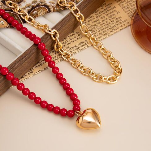 Layered Heart Necklace for Women, Red Beaded Necklace with Gold Chunky Chain Double Strand Statement Pendant Necklace Trendy Fashion Jewelry Gift for Party Valentine Daily Wear in Kuwait