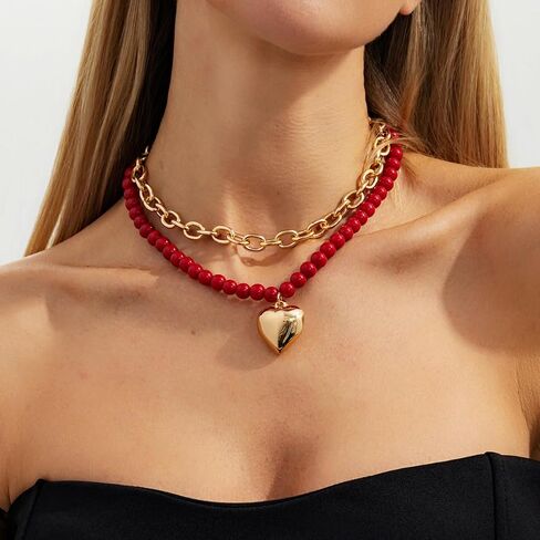 Layered Heart Necklace for Women, Red Beaded Necklace with Gold Chunky Chain Double Strand Statement Pendant Necklace Trendy Fashion Jewelry Gift for Party Valentine Daily Wear in Kuwait