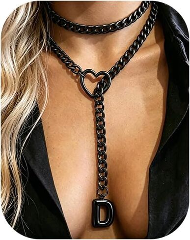 Black Heart Slip Chain Initial Necklaces for Women, Stainless Steel Wrap Choker Necklace, Gothic O-Ring Adjustable Lariat Y Necklaces, Punk Cuban Collar Choker Necklace, Halloween Jewelry Gift in Saudi Arabia