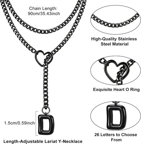 Black Heart Slip Chain Initial Necklaces for Women, Stainless Steel Wrap Choker Necklace, Gothic O-Ring Adjustable Lariat Y Necklaces, Punk Cuban Collar Choker Necklace, Halloween Jewelry Gift in Saudi Arabia