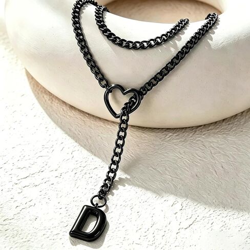Black Heart Slip Chain Initial Necklaces for Women, Stainless Steel Wrap Choker Necklace, Gothic O-Ring Adjustable Lariat Y Necklaces, Punk Cuban Collar Choker Necklace, Halloween Jewelry Gift in Saudi Arabia