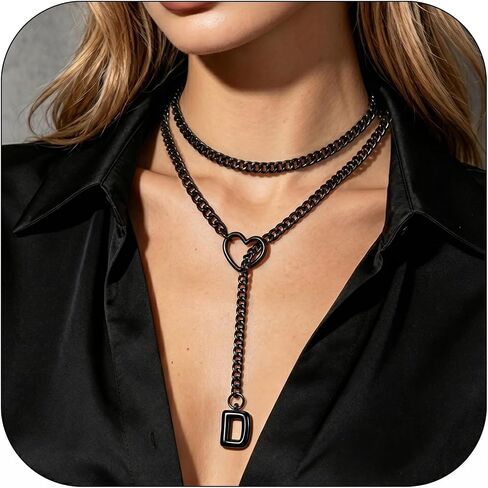 Black Heart Slip Chain Initial Necklaces for Women, Stainless Steel Wrap Choker Necklace, Gothic O-Ring Adjustable Lariat Y Necklaces, Punk Cuban Collar Choker Necklace, Halloween Jewelry Gift in Saudi Arabia