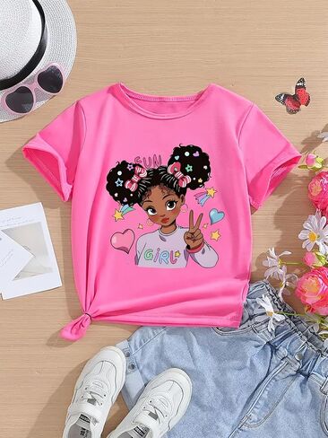 Girls 8-11 Cute Fun Girl Cartoon Tee, Kids Bright Pink Summer Short Sleeve T-Shirt in Kuwait