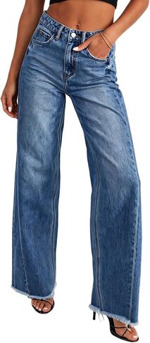 Women's Wide Leg Jeans Loose Straight Leg Frayed Jeans Fashionable High Stretch Comfort Denim Pants in Kuwait