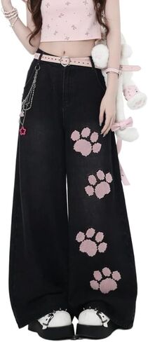 Y2K Kawaii القط باو مطبوعة فضفاض الجينز للنساء ريترو عالية الخصر واسعة الساق الطابق الدنيم السراويل Harajuku الشارع الشهير in Kuwait