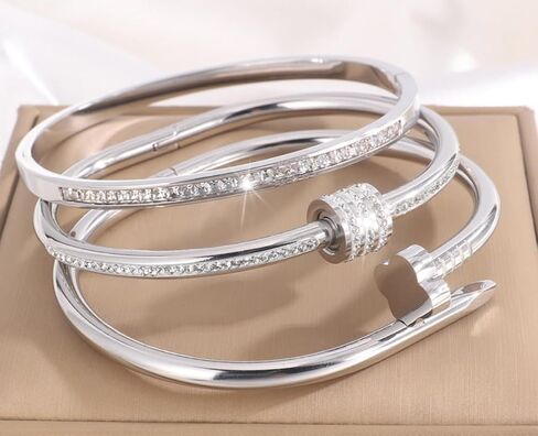 3-Piece Silver Bangle Set – Minimalist Stainless Steel Bangles with Sparkling Crystals in Kuwait