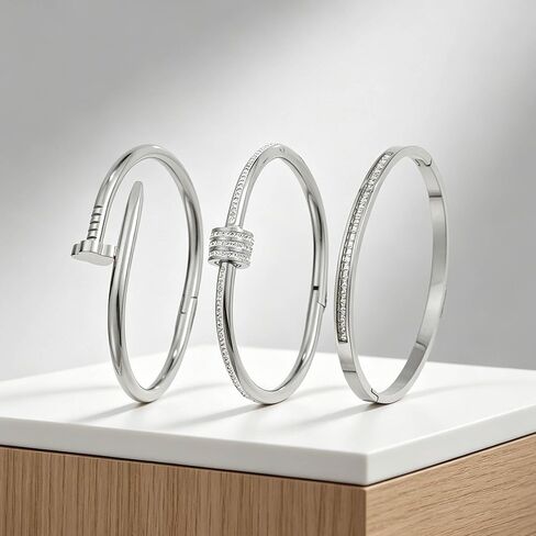3-Piece Silver Bangle Set – Minimalist Stainless Steel Bangles with Sparkling Crystals in Kuwait