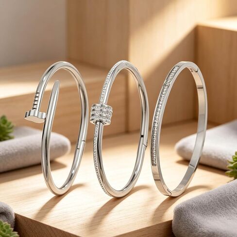 3-Piece Silver Bangle Set – Minimalist Stainless Steel Bangles with Sparkling Crystals in Kuwait