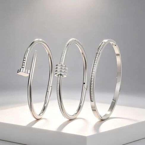 3-Piece Silver Bangle Set – Minimalist Stainless Steel Bangles with Sparkling Crystals in Kuwait