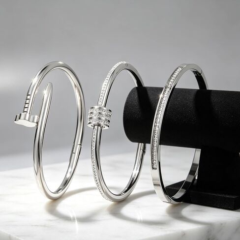 3-Piece Silver Bangle Set – Minimalist Stainless Steel Bangles with Sparkling Crystals in Kuwait