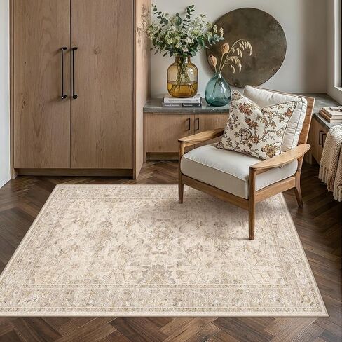 8x10 Beige Washable Area Rug for Living Room Bedroom Soft Low Pile Lightweight Throw Rug Non Slip Vintage Accent Carpet Dining Room Classroom Playroom Home Decor in Saudi Arabia