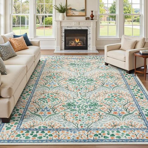 Lofus Black Area Rug 9x12, Washable Large Living Room Rugs Non Slip Low Pile, Boho Floral Carpet for Kitchen Bedroom Dining Room Nursery Home Office, Vintage Farmhouse Forest-Themed Area Rugs in Saudi Arabia