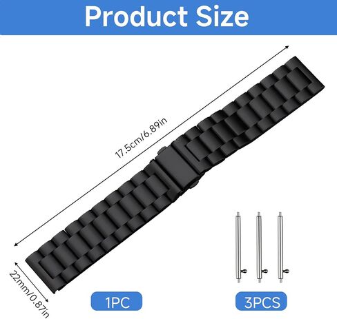 Metal Watch Band for Men, 22mm Quick Release Stainless Steel Watch Bracelet with Black Finish, Heavy Duty Chain Strap Replacement and Classic, Business Style in Saudi Arabia