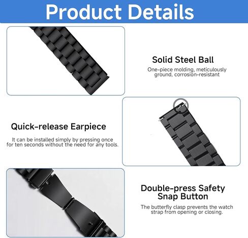 Metal Watch Band for Men, 22mm Quick Release Stainless Steel Watch Bracelet with Black Finish, Heavy Duty Chain Strap Replacement and Classic, Business Style in Saudi Arabia