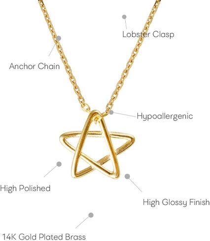 MUSTHAVE 18K Gold Plated Simple Line Star Necklace, Yellow Gold Color, Anchor Chain, Cute, Size 16 inch + 2 inch Extender, Gift Card, Birthday, BFF, Unisex (Yellow Gold) in Saudi Arabia