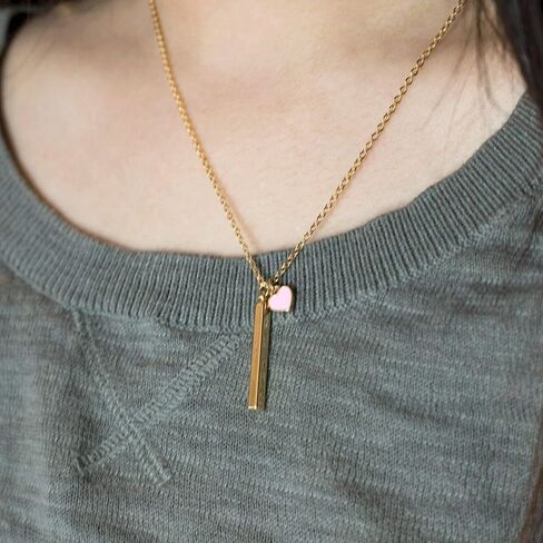 Personalized Name Bar Necklace with Pink Heart Charm for Women, Custom Engraved with Symbols Roman Numerals Coordinates Hearts, 16K Gold Plated Hypoallergenic Stainless Steel, Anniversary Birthday Gift in Kuwait