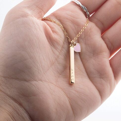 Personalized Name Bar Necklace with Pink Heart Charm for Women, Custom Engraved with Symbols Roman Numerals Coordinates Hearts, 16K Gold Plated Hypoallergenic Stainless Steel, Anniversary Birthday Gift in Kuwait