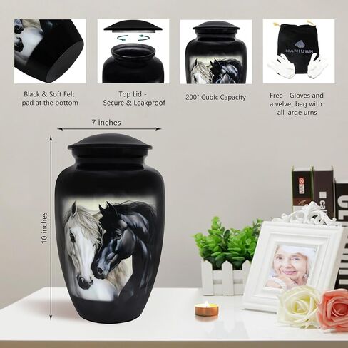 Cremation Urns for Adults, Funeral Urns for Ashes, Memorial Urn, Earns for Ashes for Adult Humans, Metal Urns, Black and White Horse - Large Size in Saudi Arabia