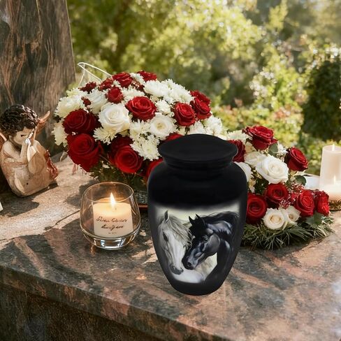 Cremation Urns for Adults, Funeral Urns for Ashes, Memorial Urn, Earns for Ashes for Adult Humans, Metal Urns, Black and White Horse - Large Size in Saudi Arabia