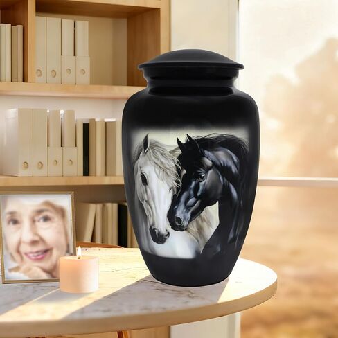 Cremation Urns for Adults, Funeral Urns for Ashes, Memorial Urn, Earns for Ashes for Adult Humans, Metal Urns, Black and White Horse - Large Size in Saudi Arabia