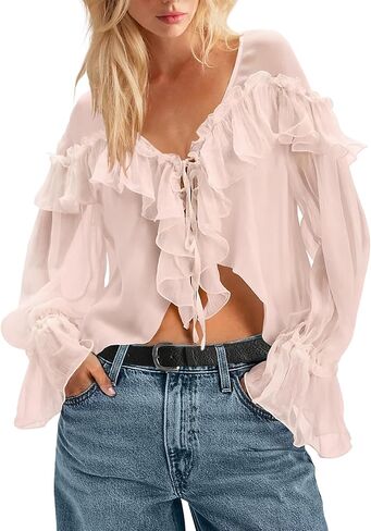 Boho Tops for Women Lace Tie Front Tops Ruffle Top Long Sleeve Flowy Blouse V Neck Shirt Beach Vacation Y2k Tops 2026 in Kuwait