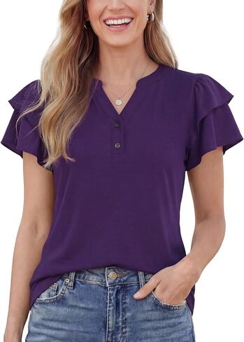 ENMAIN Womens Tops Dressy Casual, V Neck Button Down T Shirts for Women,Ruffle Short Sleeve,S-3XL in Saudi Arabia