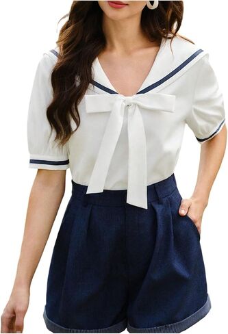 Floerns Women's Short Sleeve Bowknot Sailor Collar Shirt Summer Dressy Casual Blouse Tops in Saudi Arabia