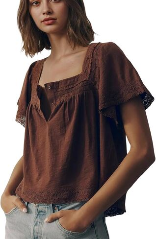 calbatic Womens Lace Trim Blouse Floral Embroidered Short Sleeve Henley Shirt Square Neck Loose Fit Office Work Dressy Top in Saudi Arabia