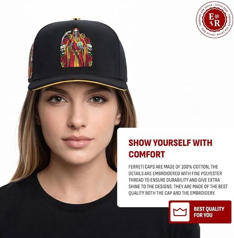 Ferreti Hats FT174 Black La Muerte Hat for Men & Women - Embroidered Black Baseball Cap - Premium Adjustable Snapback Cap, Gorra Negra para Hombre y Mujer in Saudi Arabia