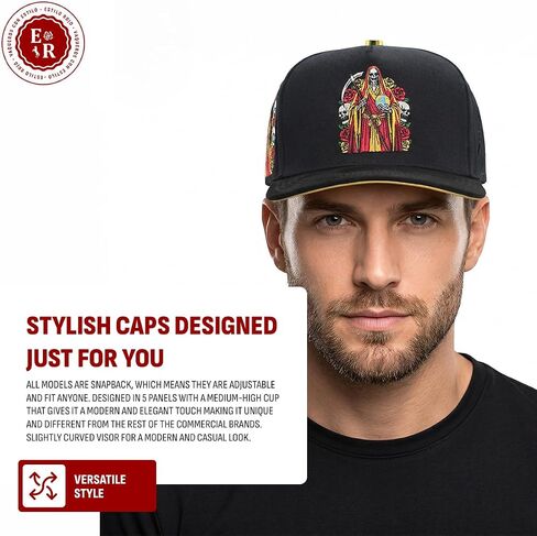 Ferreti Hats FT174 Black La Muerte Hat for Men & Women - Embroidered Black Baseball Cap - Premium Adjustable Snapback Cap, Gorra Negra para Hombre y Mujer in Saudi Arabia