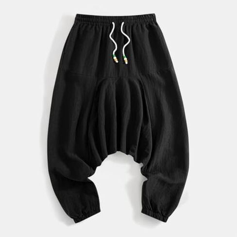 Men's Woven Linen Blend Pants – Drawstring Elastic Waist Relaxed Fit Harem Trousers for Casual Summer Beach Wear in Kuwait
