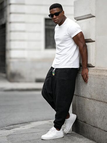 Men's Woven Linen Blend Pants – Drawstring Elastic Waist Relaxed Fit Harem Trousers for Casual Summer Beach Wear in Kuwait