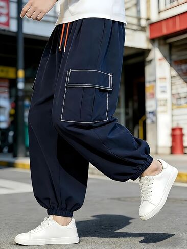 Mens Cargo Harem Pants Baggy Elastic Waist Solid Color Oversized Tapered Vintage Loose Fit Pants in Kuwait