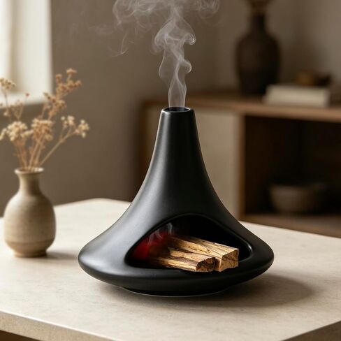 Ceramic Palo Santo Holder Chiminea Shape Burner, Mini Smudge Bowl with Ash Catcher for Incense Cones & Candles, Palo Santo Sticks, for Meditation, Yoga, Cleansing Ceremony, Handmade (Matte Black) in Saudi Arabia