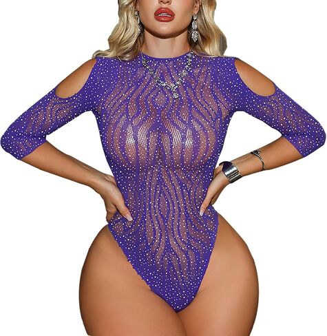 Women's Fishnet Lingerie Sexy Bodysuit Sparkle Rhinestone Bodystocking See Through Mesh Lingerie in Saudi Arabia