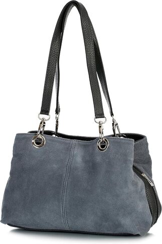 Lush Italian Suede Womens Twin Handle Multi Zip Pockets Small Shoulder Bag - Holly (Medium Grey) in Saudi Arabia