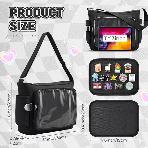 حقيبة Ita Crossbody مع نافذة عرض شفافة، حقيبة Kawaii Anime Messenger للنساء، محفظة كتف حامل شارة DIY، سعة كبيرة Y2K للحفلات التنكرية والمؤتمرات والاستخدام اليومي in Kuwait