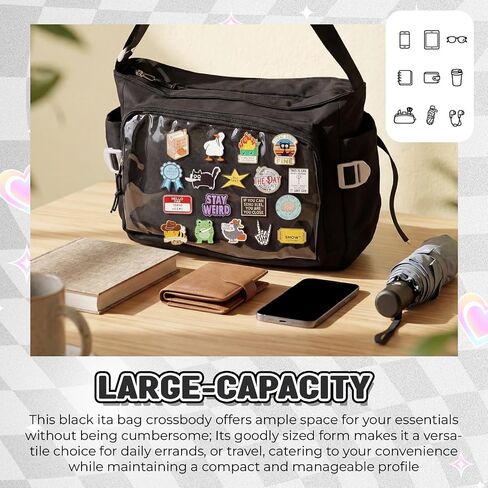 حقيبة Ita Crossbody مع نافذة عرض شفافة، حقيبة Kawaii Anime Messenger للنساء، محفظة كتف حامل شارة DIY، سعة كبيرة Y2K للحفلات التنكرية والمؤتمرات والاستخدام اليومي in Kuwait