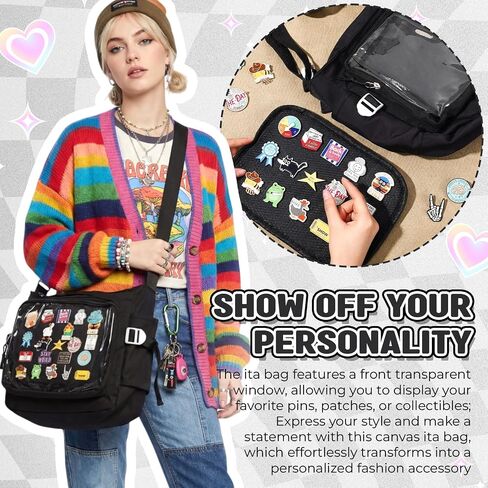 حقيبة Ita Crossbody مع نافذة عرض شفافة، حقيبة Kawaii Anime Messenger للنساء، محفظة كتف حامل شارة DIY، سعة كبيرة Y2K للحفلات التنكرية والمؤتمرات والاستخدام اليومي in Kuwait