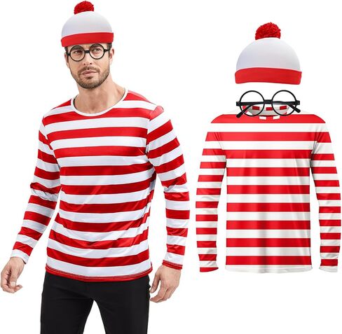 Adult Red and White Striped Shirt Men Funny Halloween Costumes Shirt Hat Socks and Glasses Suits in Saudi Arabia