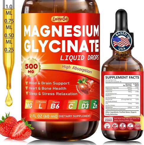 Magnesium Glycinate Liquid Drops 500mg – High Absorption with Vitamin B6, D3, C, Zinc – Supports Mood, Sleep, Heart & Bone Health – Vegan, Non-GMO, Gluten Free – 2 FL OZ, Strawberry Flavor in Saudi Arabia